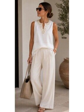 Embellished Vineyard Vines Linen Blend Metallic Weave Top Quiet Luxury Hamptons